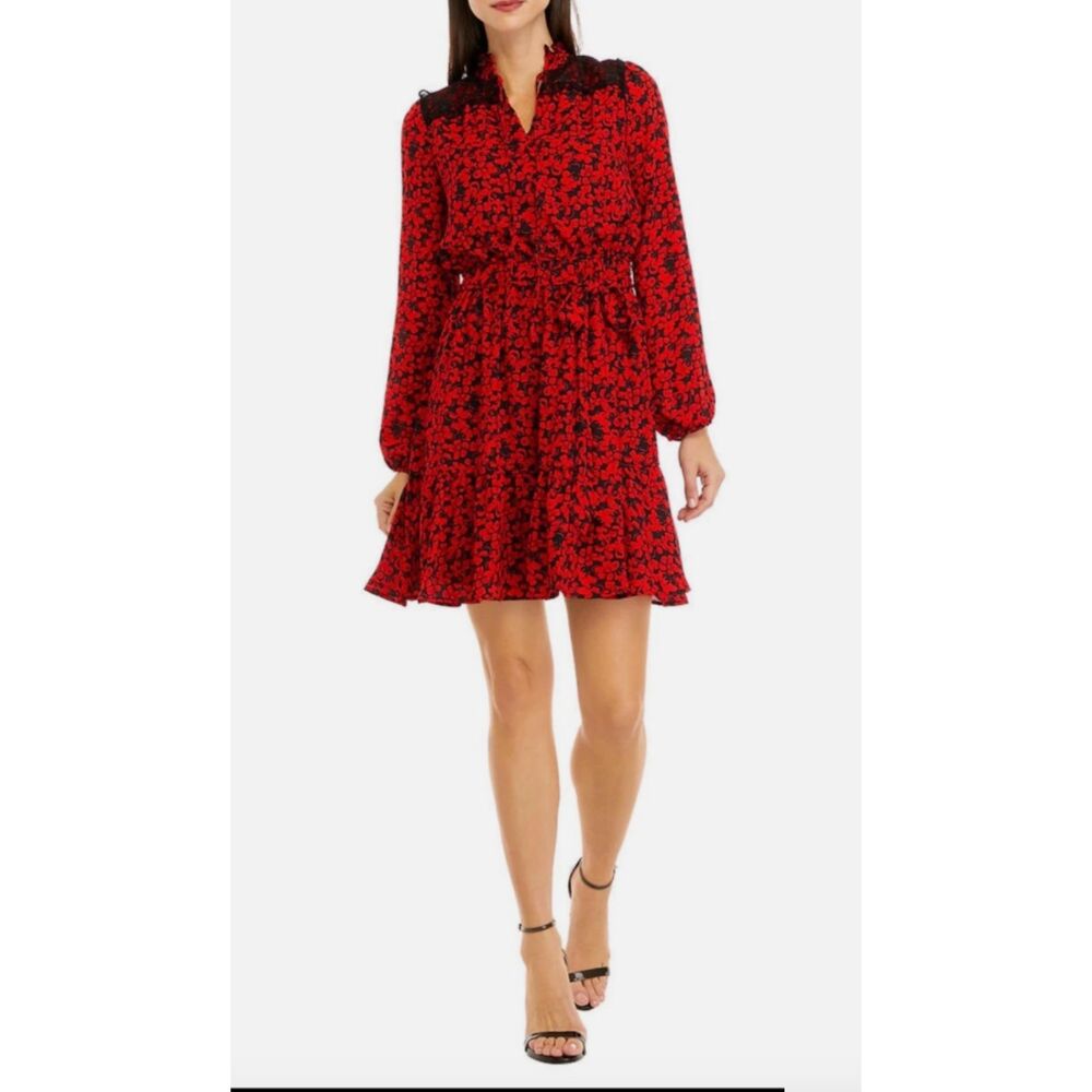 Tahari ASL Chiffon and Lace Tie Neck Dress Black/Ruby Size 8